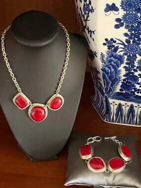 Vintage Taxco Mexico Sterling Silver Red Jasper Necklace & Bracelet Set 99g